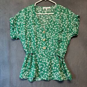 Sweet Rain Green Floral Button Blouse Romantic Peplum Waist Tie Cottagecore